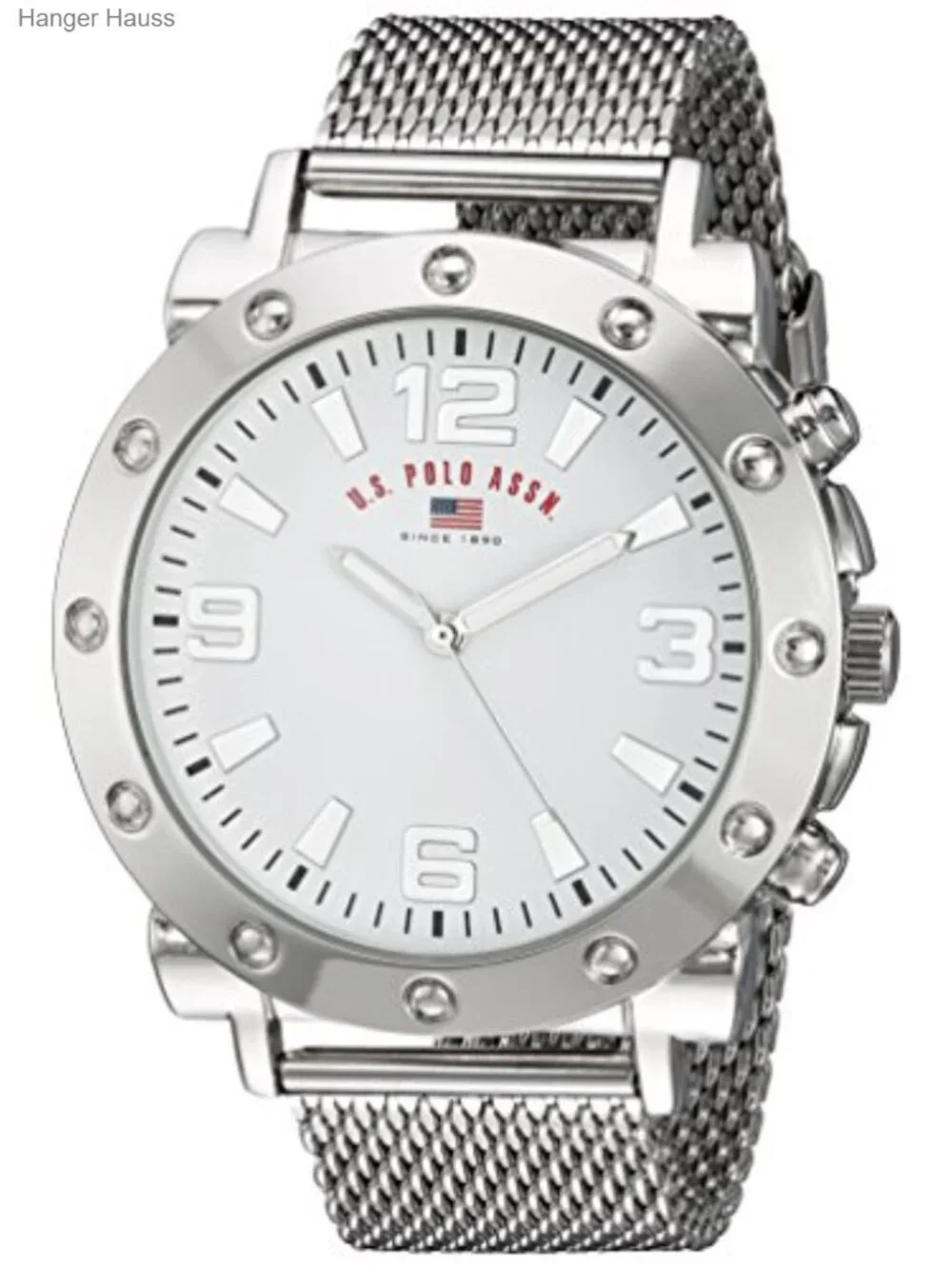 Men's Silver Mesh Watch Analog Quartz 48mm Bold Bezel White Dial Textured Strap